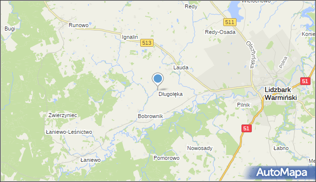 mapa Długołęka, Długołęka gmina Lidzbark Warmiński na mapie Targeo